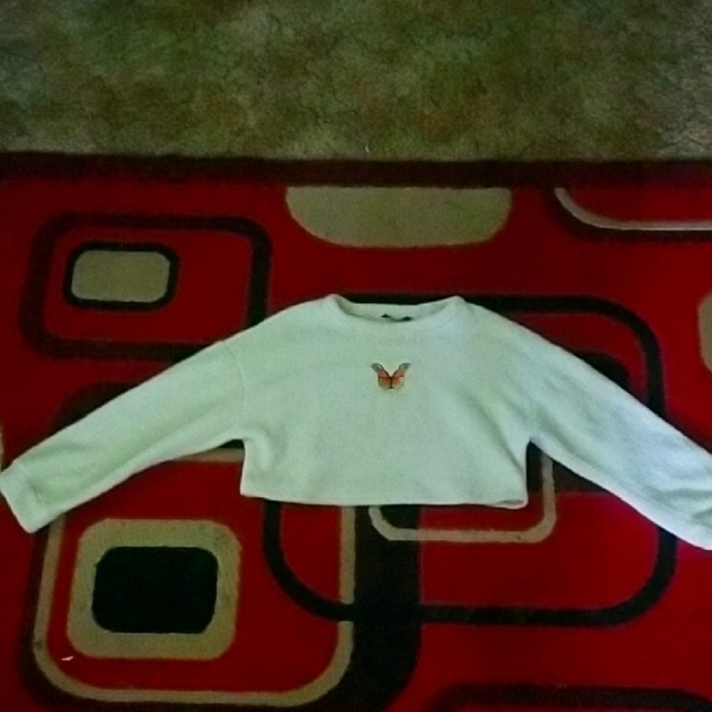 White Fluffy Long Sleeved Cropped Top with Butterfly Patch